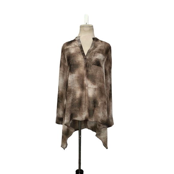 Casting brown silk animal print long sleeves buttoned tunic blouse size M - Picture 8 of 10